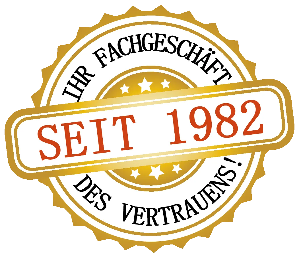 Goldenes Siegel „Ihr Fachgeschäft des Vertrauens“ mit „Seit 1982“